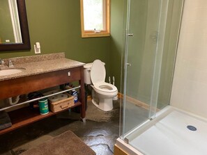 A bathroom with a granite countertop sink, a toilet, and a glass shower enclosure.