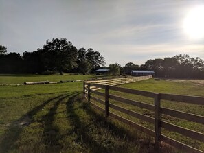A fenced field with a barn and trees in the background.