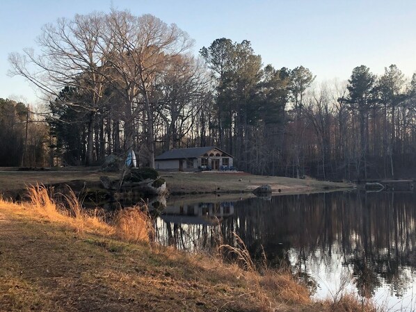 Eine Hütte am See mit freiem Blick auf den umliegenden Wald.