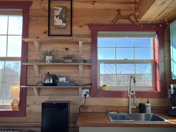 A rustic kitchen with wooden walls, a built-in shelf with plants, a kettle, and a sink.