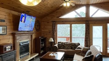 Smart TV, chimenea, reproductor de DVD y biblioteca musical