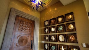 A hallway with a wooden door and a wall decorated with framed shells. - Beautiful Golf Villa 2 Puerto Los Cabos (Puerto Los Cabos)