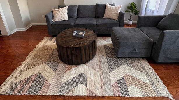 A modern living room with a sectional sofa, a round coffee table, and a large rug. - Soulard|Completely new home|Walkability (St. Louis)