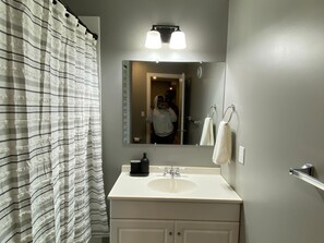 Hair dryer, towels, soap, shampoo