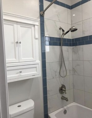 Hair dryer, bidet, towels, soap