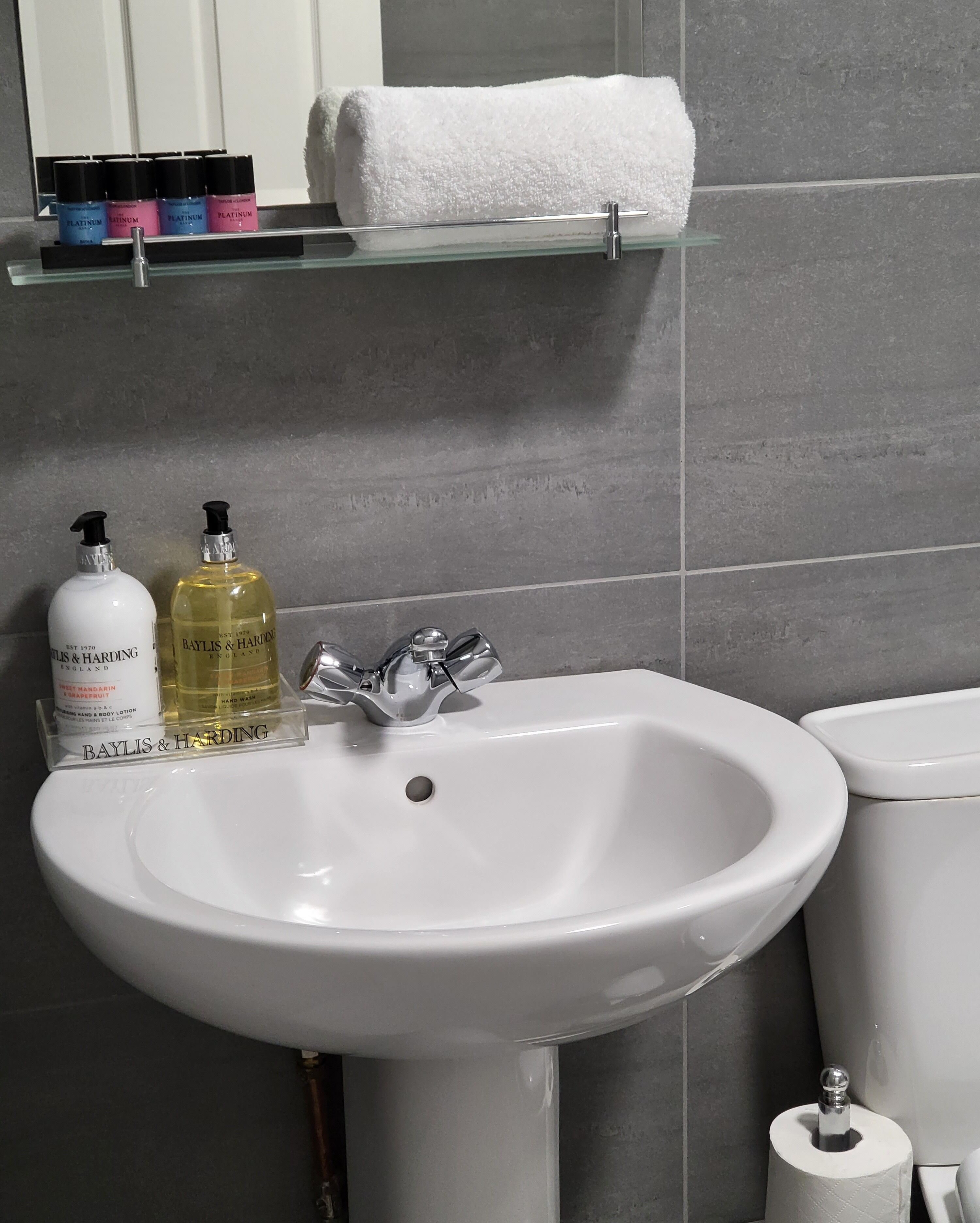 Hair dryer, towels, soap, shampoo