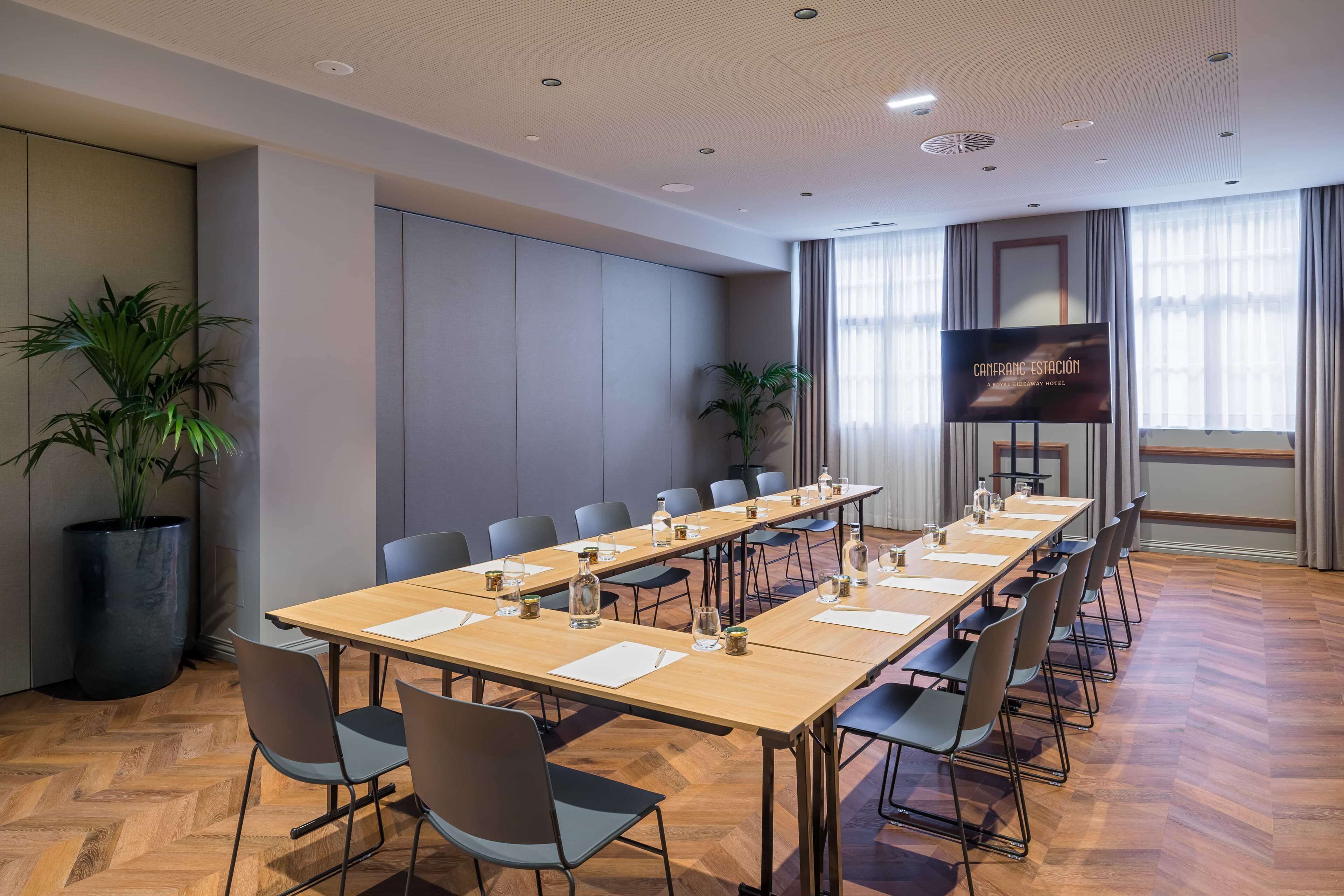 Une salle de conférence avec une longue table, des chaises, un grand écran et des plantes en pot.
