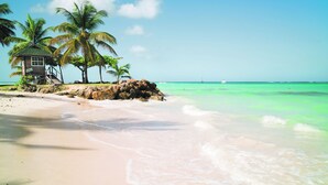A beach with a wooden structure, palm trees, and clear turquoise water. - Eco Park Inn (Crown Point)