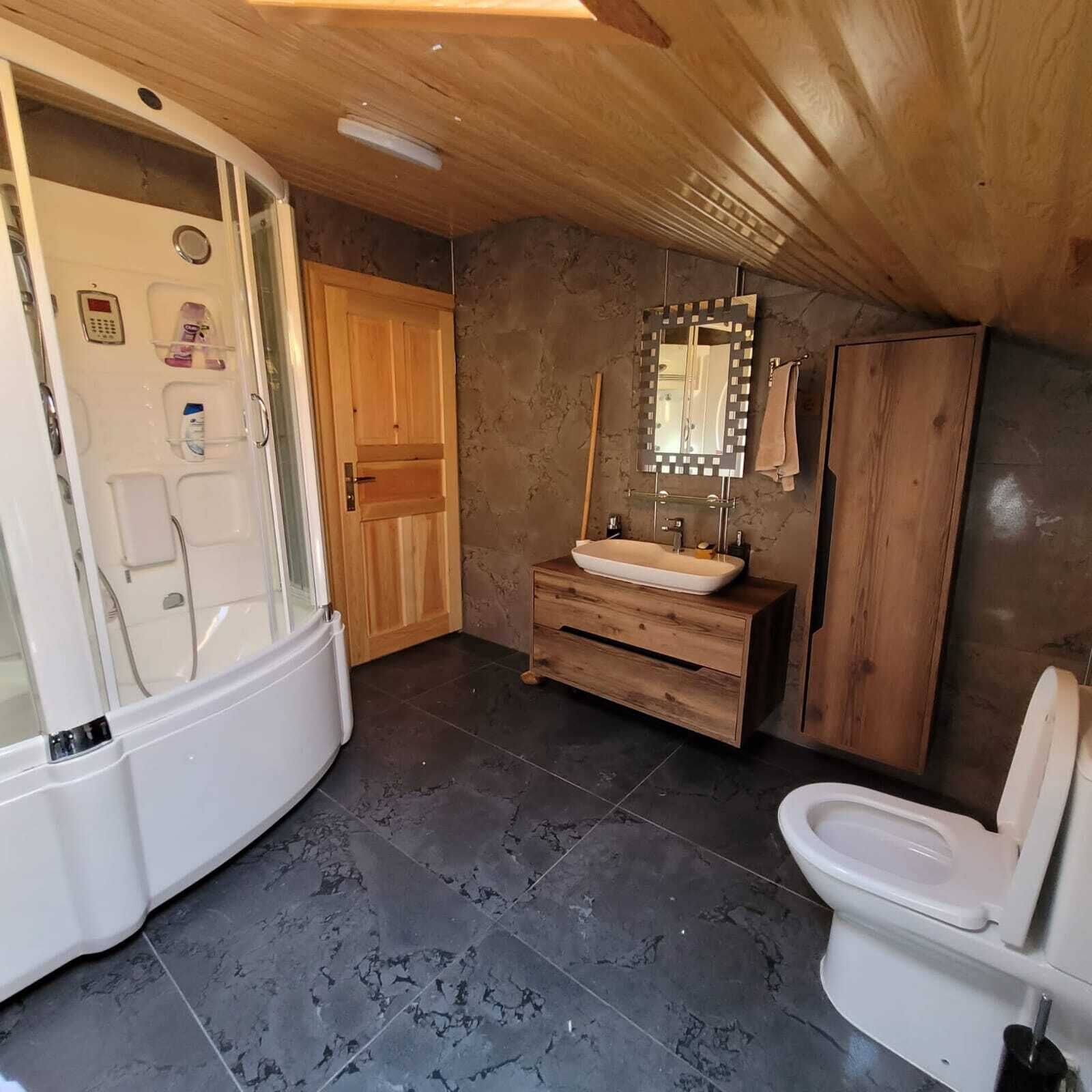 A bathroom with a shower, a sink, and a toilet.