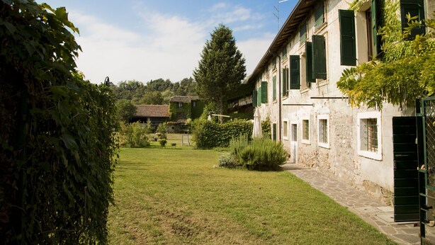Un patio con un camino de piedra que lleva a un edificio con contraventanas verdes y fachada de piedra.