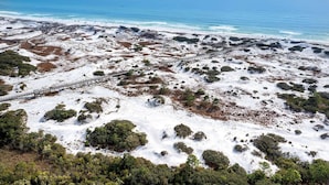 A snow-covered landscape with a wooden bridge leading to a beach.