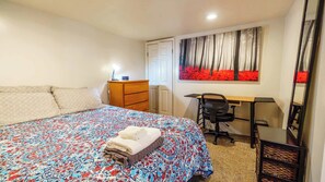 1 bedroom, desk, iron/ironing board, travel cot