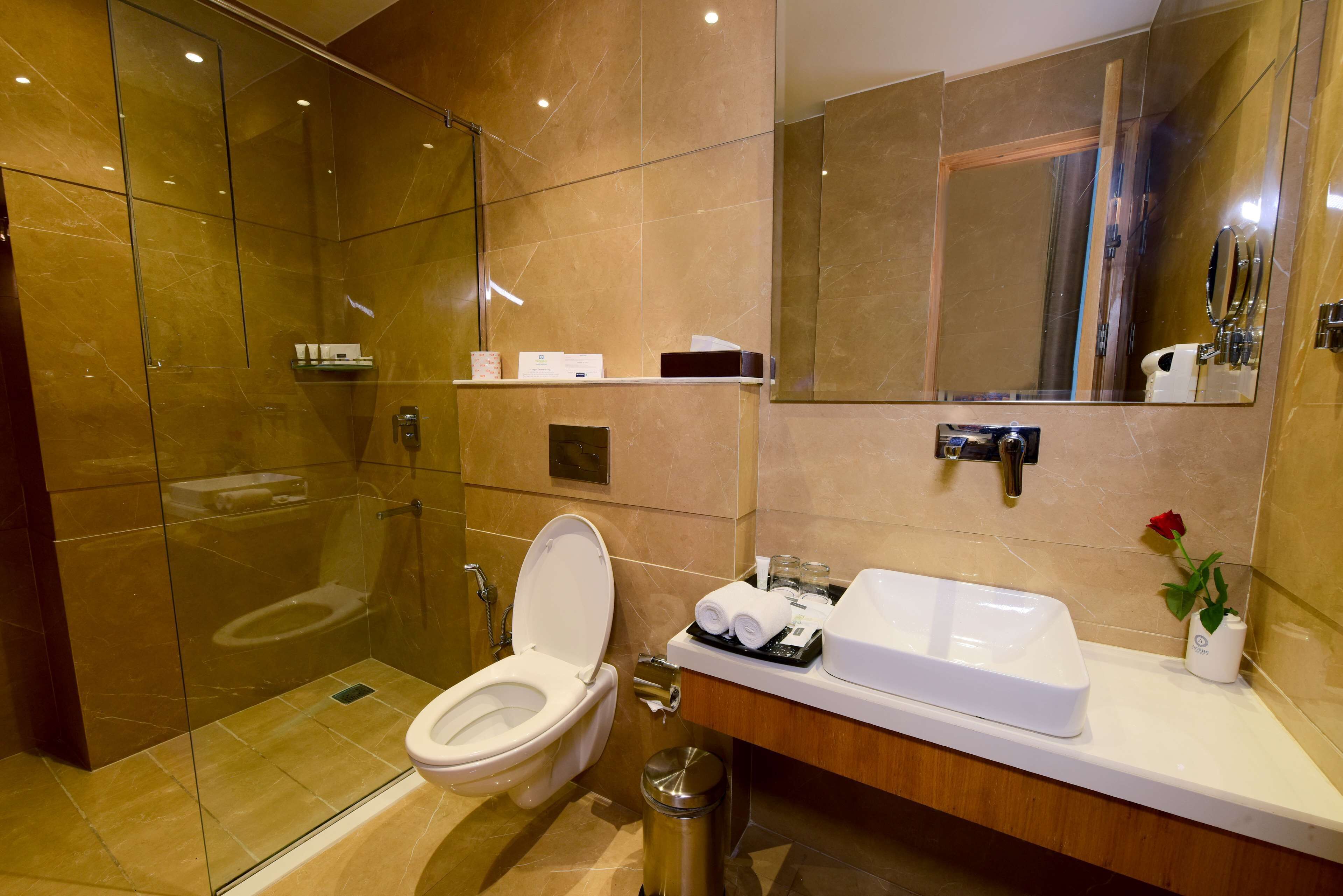 A modern bathroom with a glass-enclosed shower, a white toilet, and a vanity with a sink and mirror.