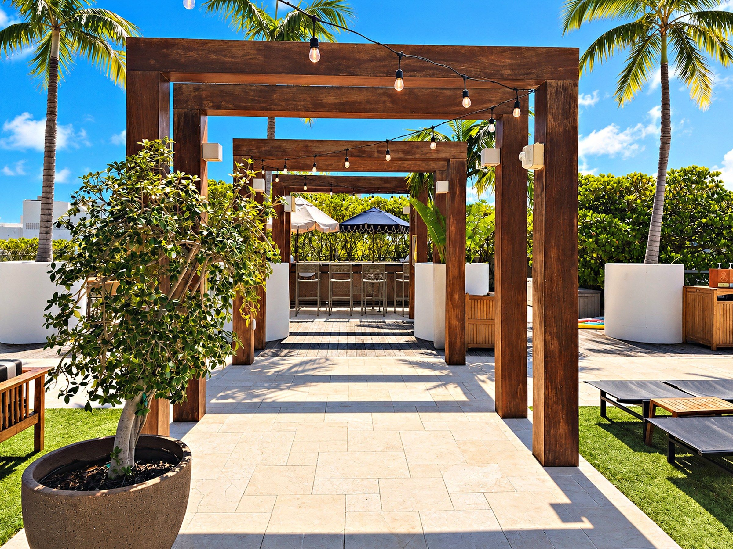 Una pérgola de madera con luces colgantes, un árbol en maceta y asientos exteriores.