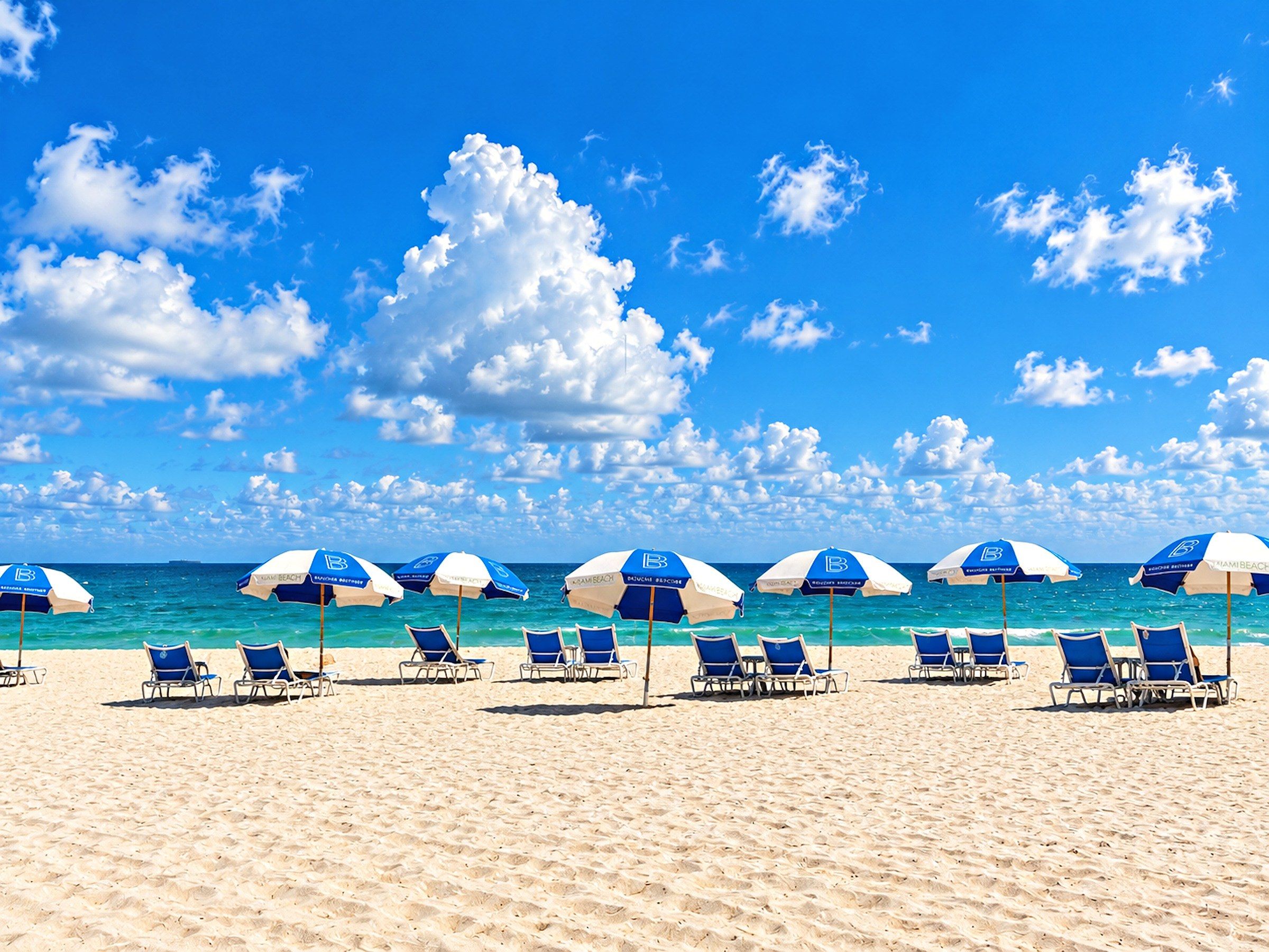 Une plage bordée de rangées de parasols bleus et blancs et de chaises longues.