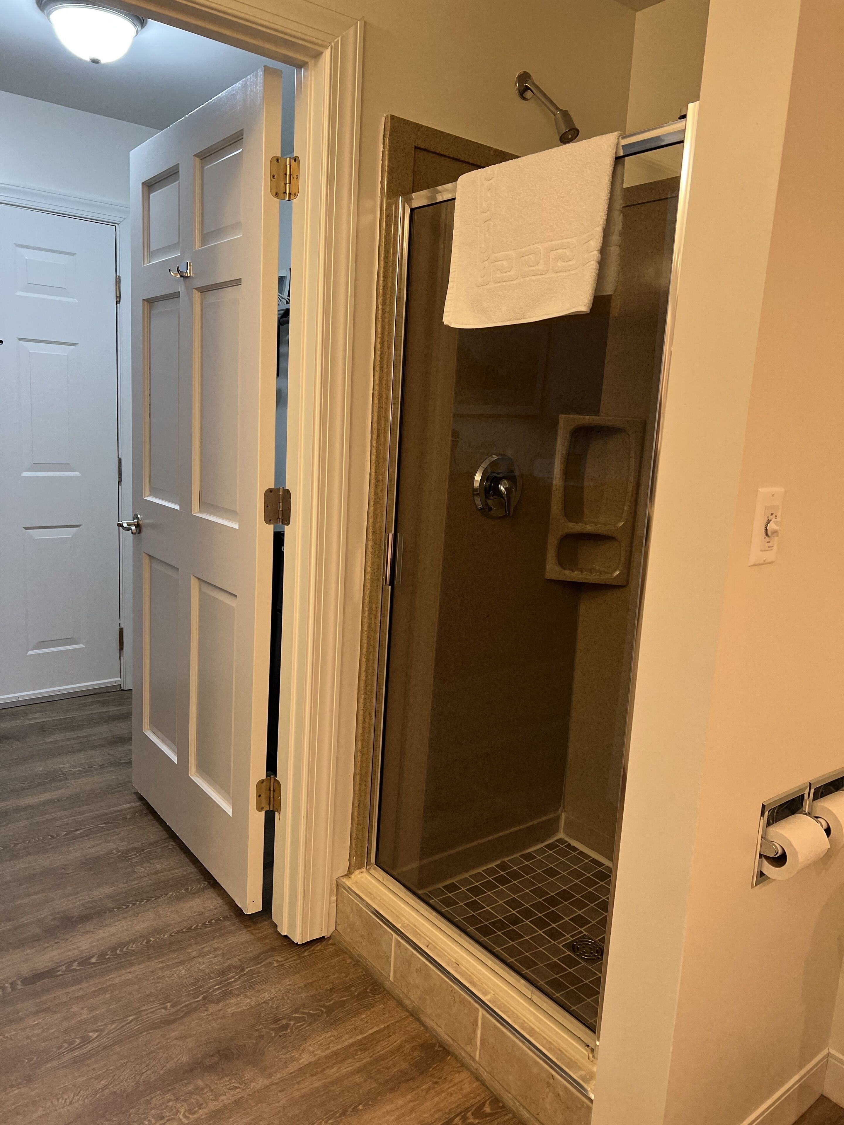 A bathroom with a glass shower door, a white towel hanging on the door, and a toilet paper holder on the wall.