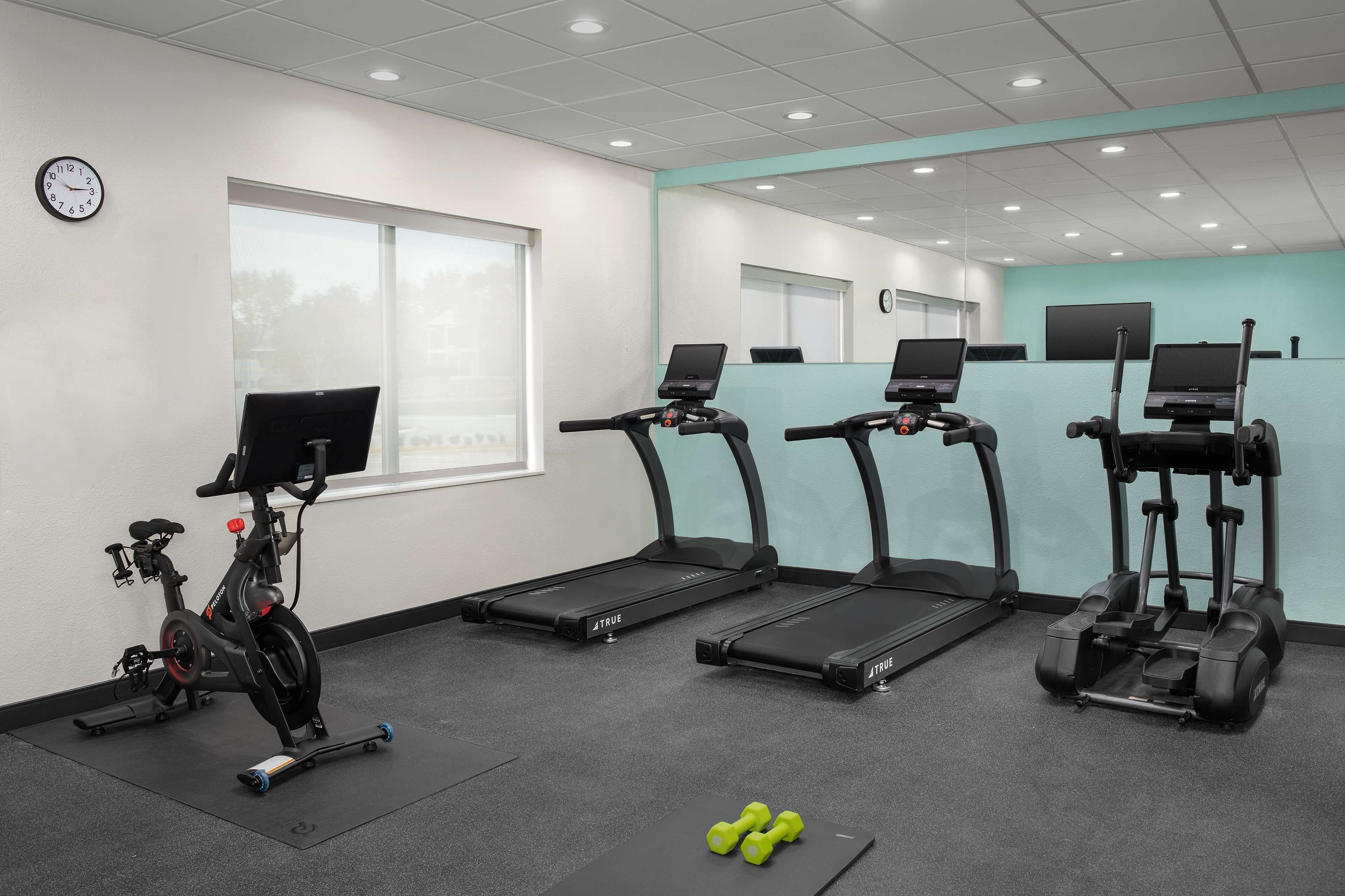 Un gimnasio con cintas de correr, elípticas y mancuernas.