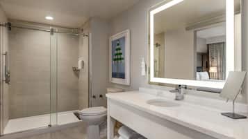 A modern bathroom with a glass-enclosed shower, a toilet, and a large mirror.
