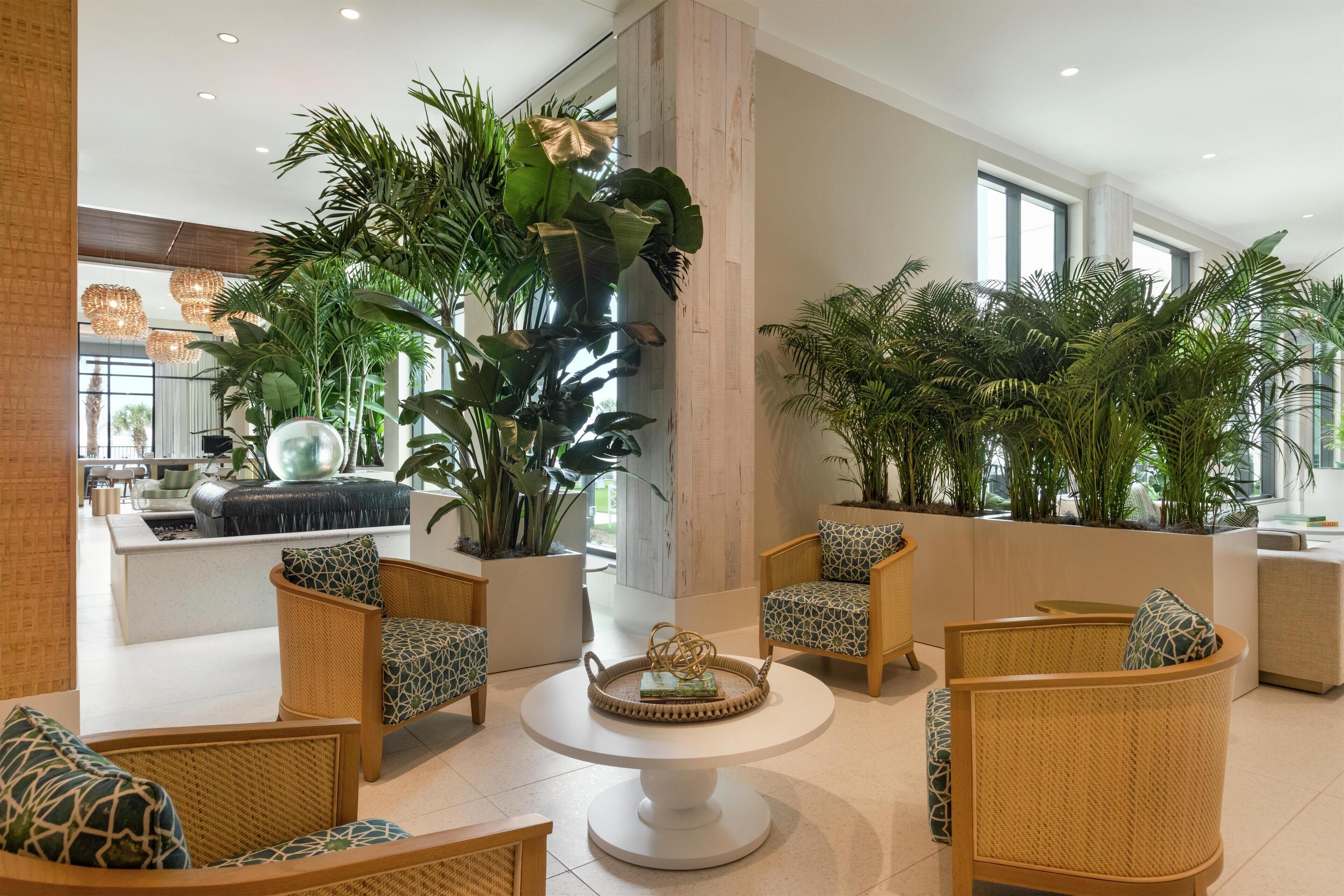 A spacious lobby with wicker furniture, large potted plants, and a modern design.