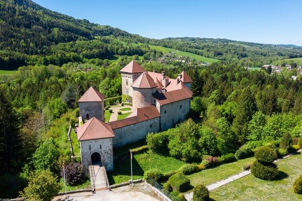 A castle with a central tower, surrounded by lush greenery and a clear sky. - Château de Thorens (Fillière)