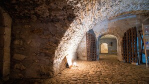 A dimly lit stone interior with a wooden ladder and a light source on the floor. - Château de Thorens (Fillière)