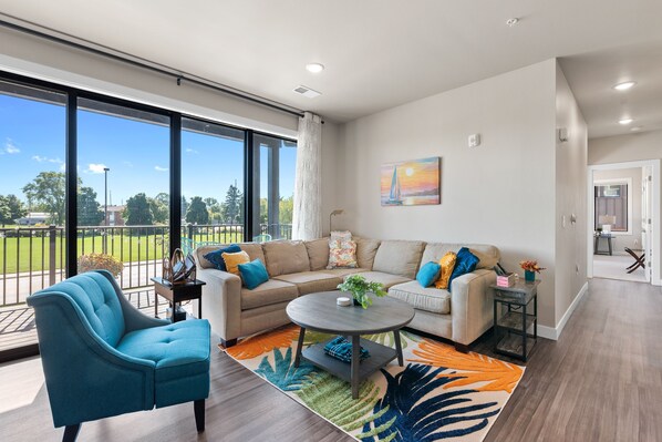 Smart TV, fireplace, books