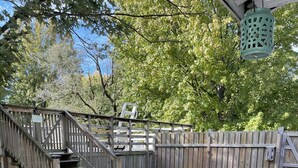 A wooden deck with a built-in bench and a staircase leading to a covered area. - Pigs Ina Blanket - Minutes from Rend Lake and I-64/I-57 (Ina)