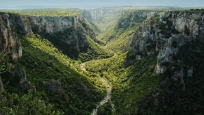 Un cañón con un río serpenteando por su interior, rodeado de vegetación exuberante y acantilados rocosos.