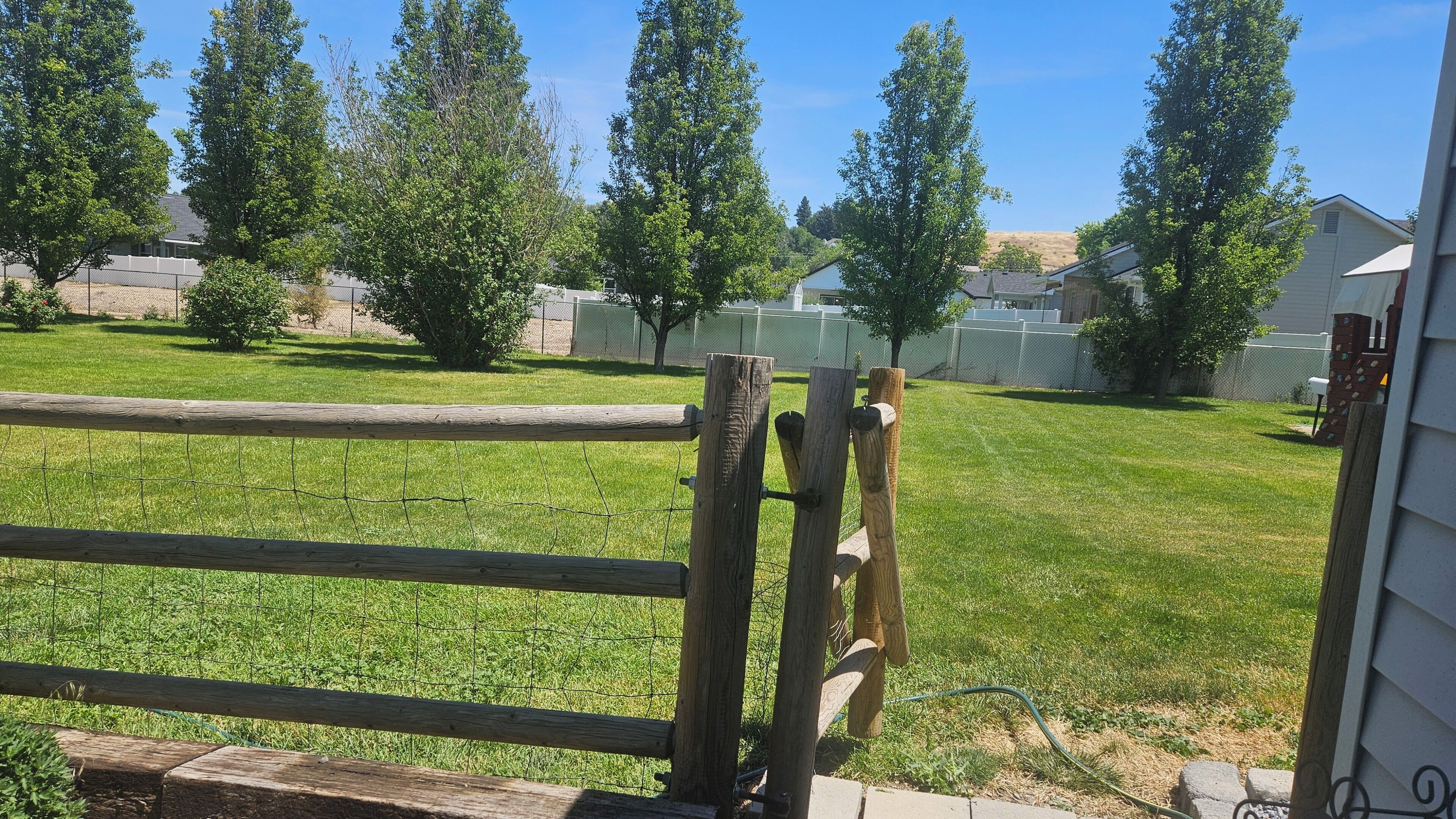 Une cour clôturée avec une porte en bois, de l’herbe verte et des arbres.