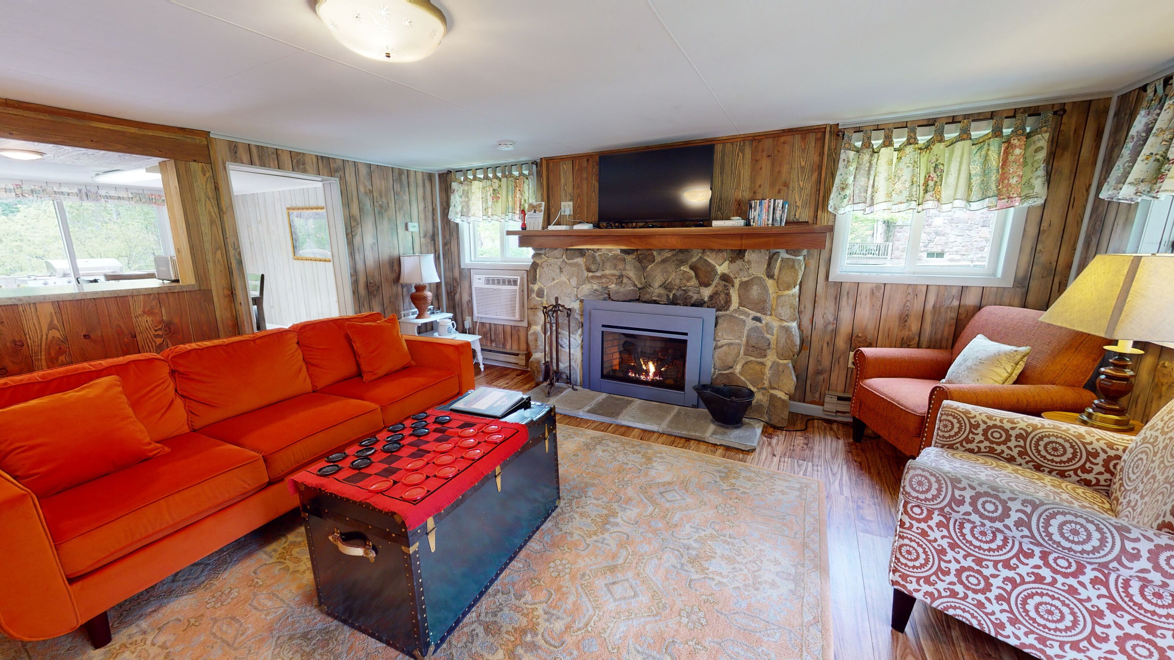 TV, fireplace, foosball