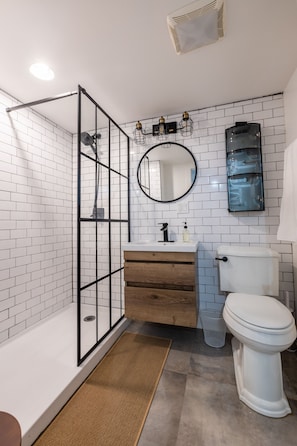 Regadera, secadora de cabello, bidet, toallas
