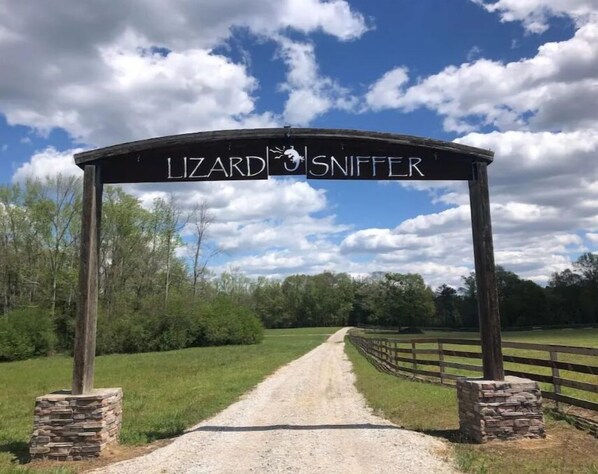 A wooden archway with the words "LIZARD & SNIFIER" written on it, leading to a gravel path surrounded by greenery.