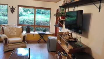 Smart TV, lareira, DVD player, livros