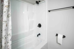 Combined shower/tub, hair dryer, towels, soap