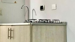 Een keuken met een ingebouwde kookplaat, een spoelbak en een houten kastje.