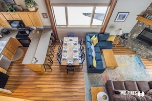 TV, fireplace, video library