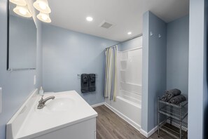 Hair dryer, towels, soap, shampoo