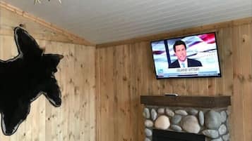 Een televisie en een open haard