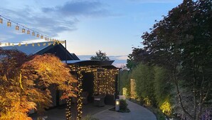A garden with a pathway, a pergola with string lights, and a building with a sloped roof.