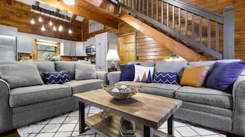 Smart TV, fireplace, books, stereo