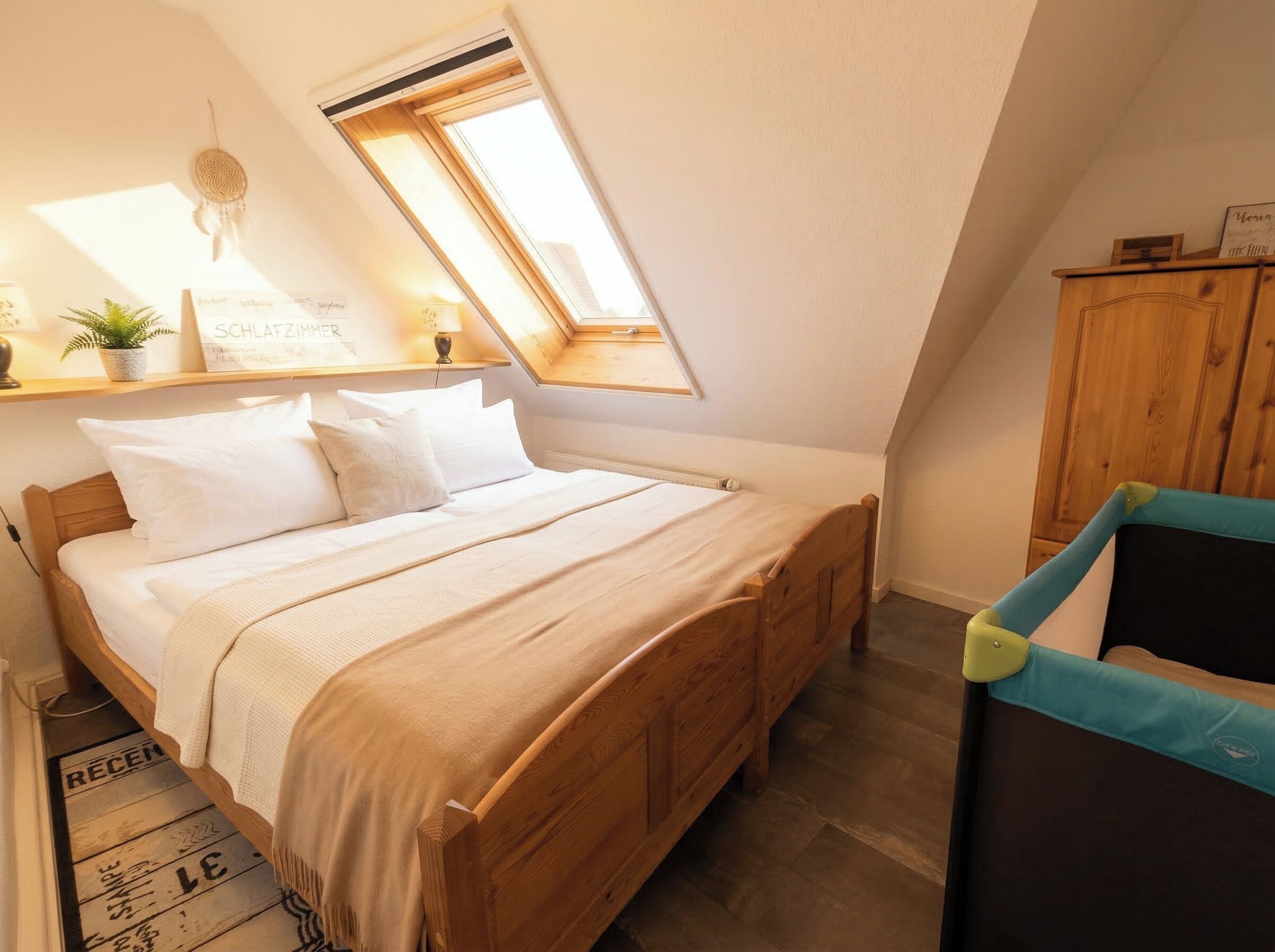 2 bedrooms, desk, iron/ironing board, travel crib