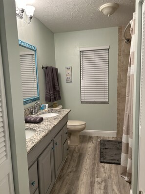 Hair dryer, towels, soap, shampoo