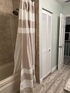 Hair dryer, towels, soap, shampoo