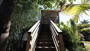 Eine Holztreppe führt zu einer überdachten Fläche, umgeben von üppiger Vegetation und einer Palme.