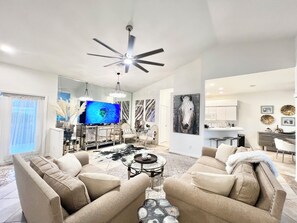 Smart TV, DVD player, books, music library