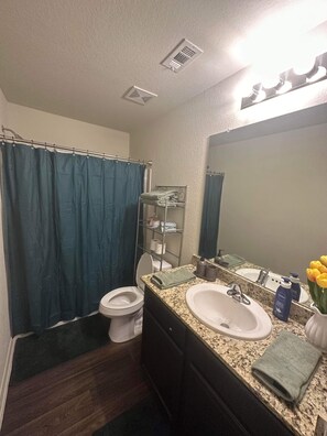 A bathroom with a toilet, sink, and shower curtain.