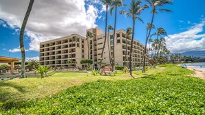 A large hotel with multiple floors, surrounded by palm trees and a well-maintained lawn.