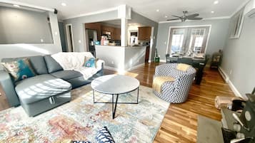 Smart TV, fireplace, foosball, books