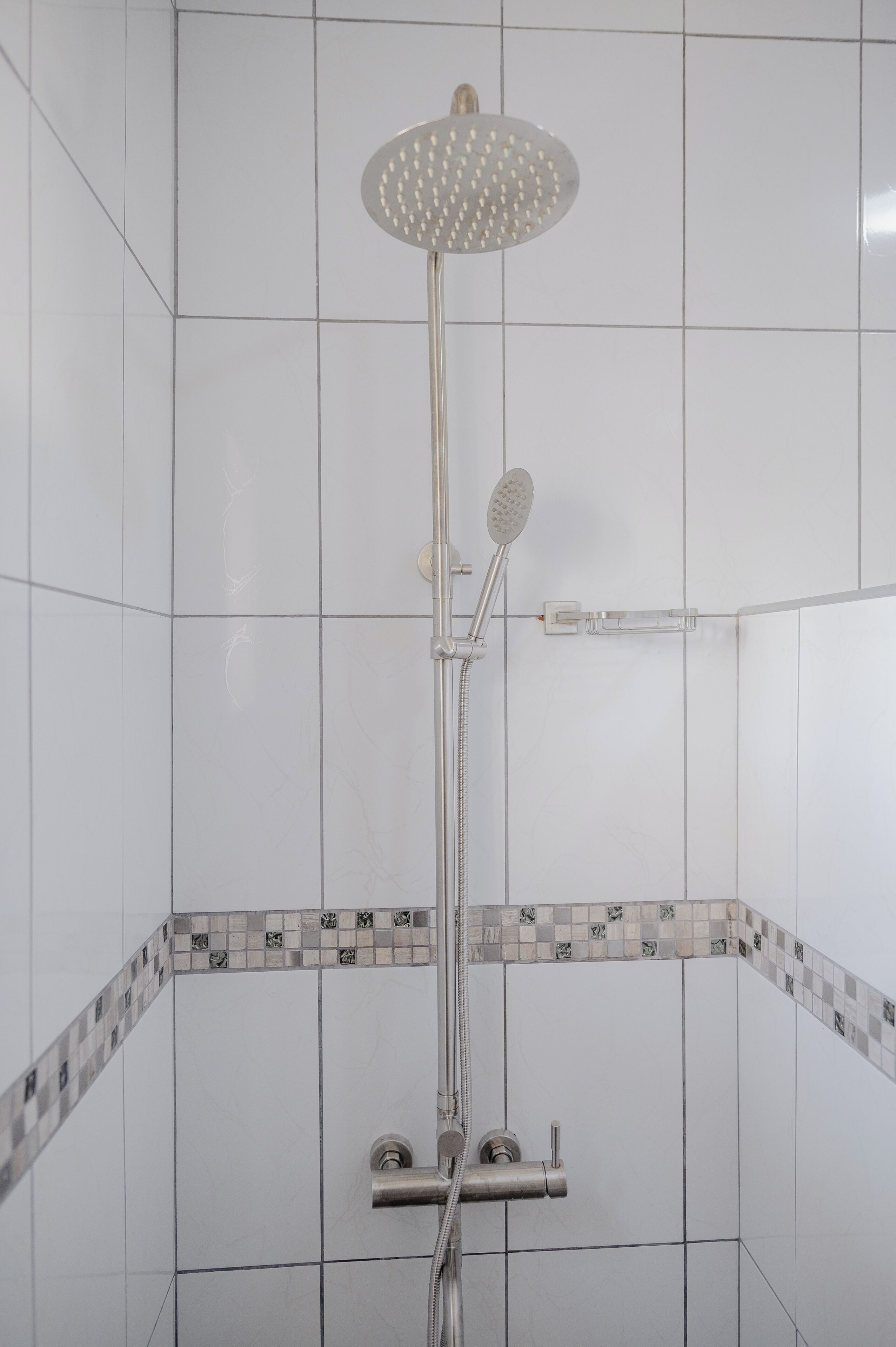 A shower with a handheld showerhead and a fixed overhead showerhead, set in a tiled room with a decorative border.