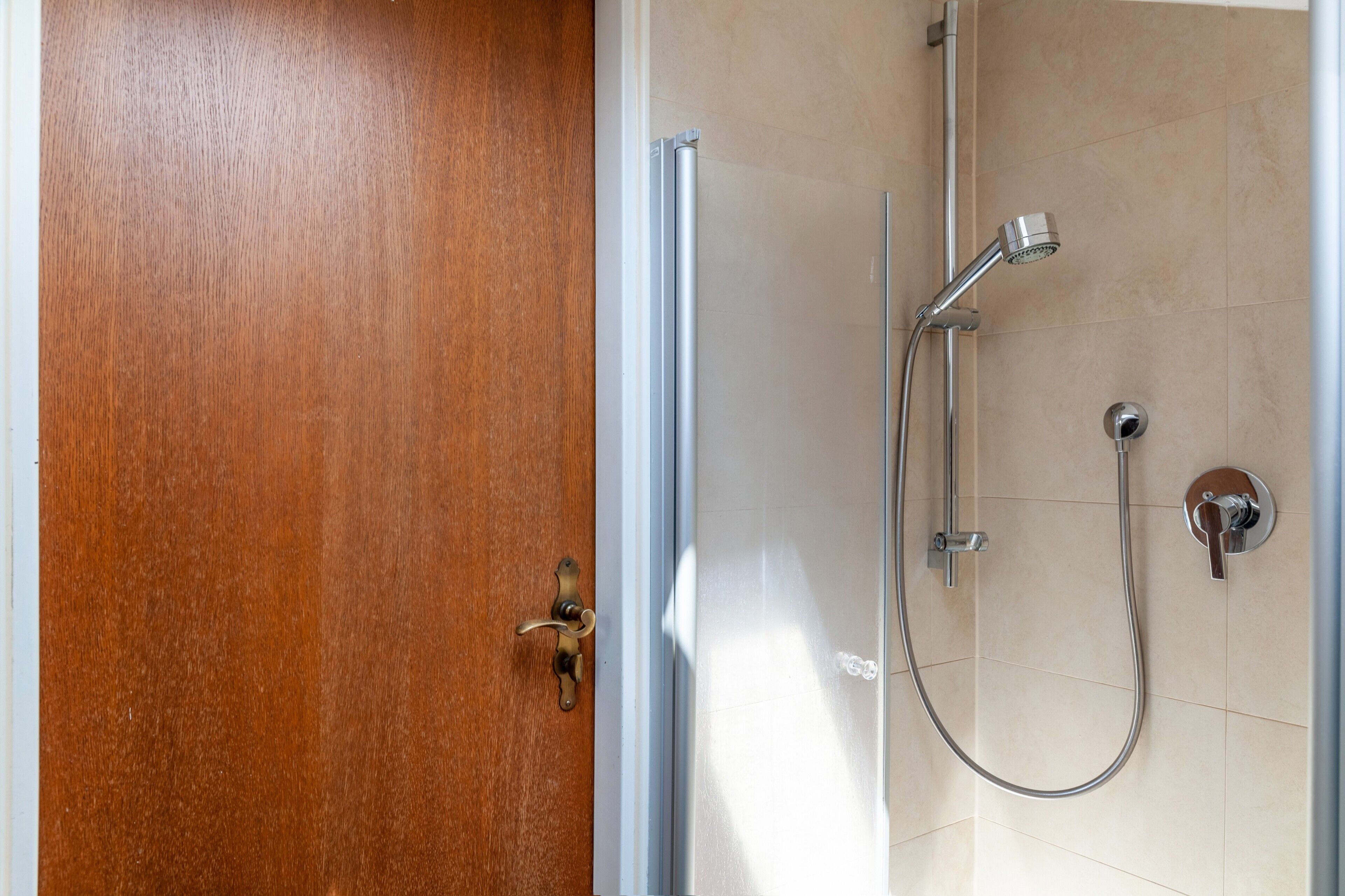 Une porte en bois donne accès à un espace douche équipé d’une porte en verre, d’un pommeau de douche et d’un panneau de commande.